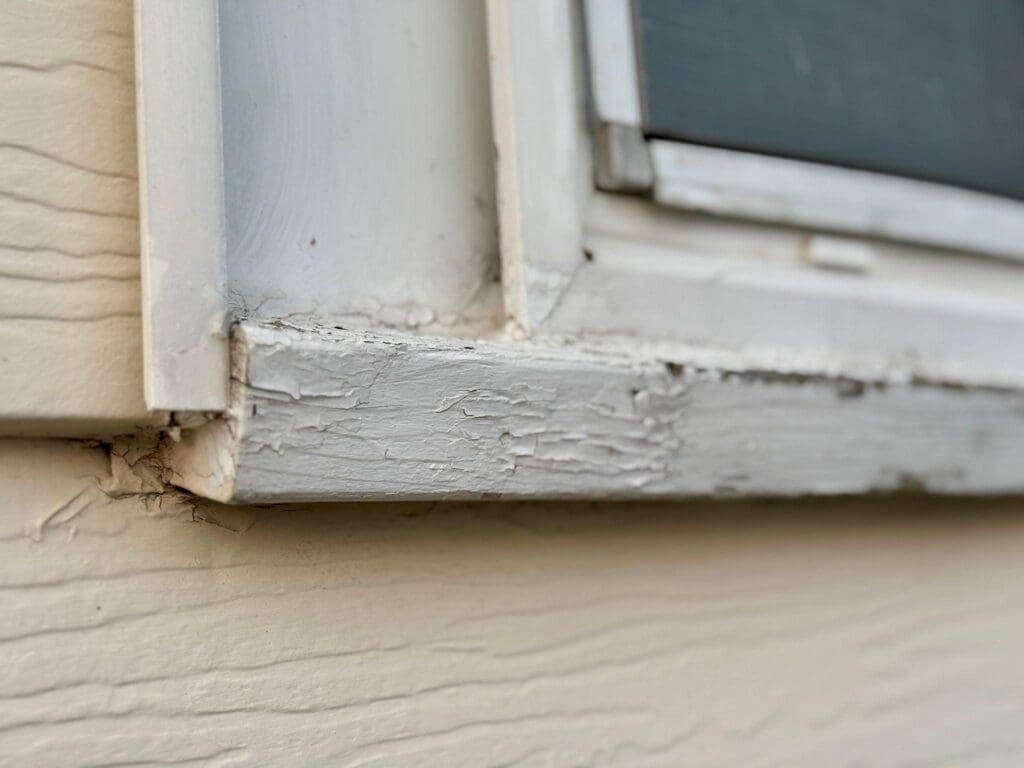 Exterior window with peeling paint in need of maintenance
