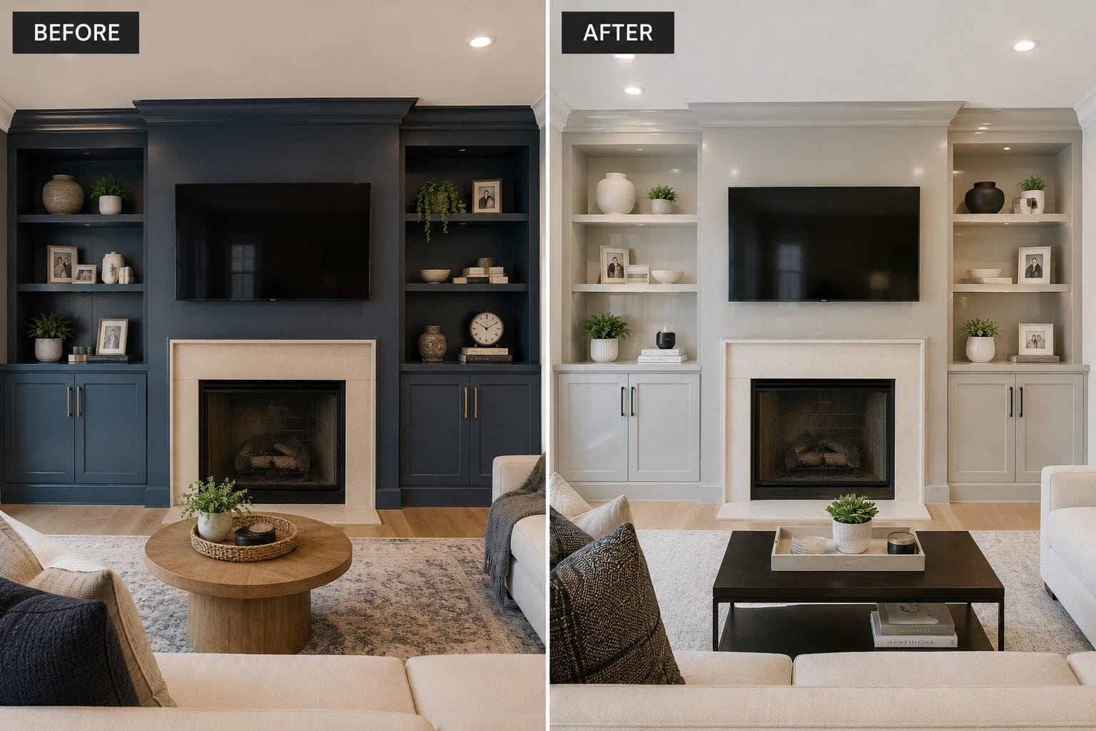 Before and after painted built-ins and fireplace in a living room